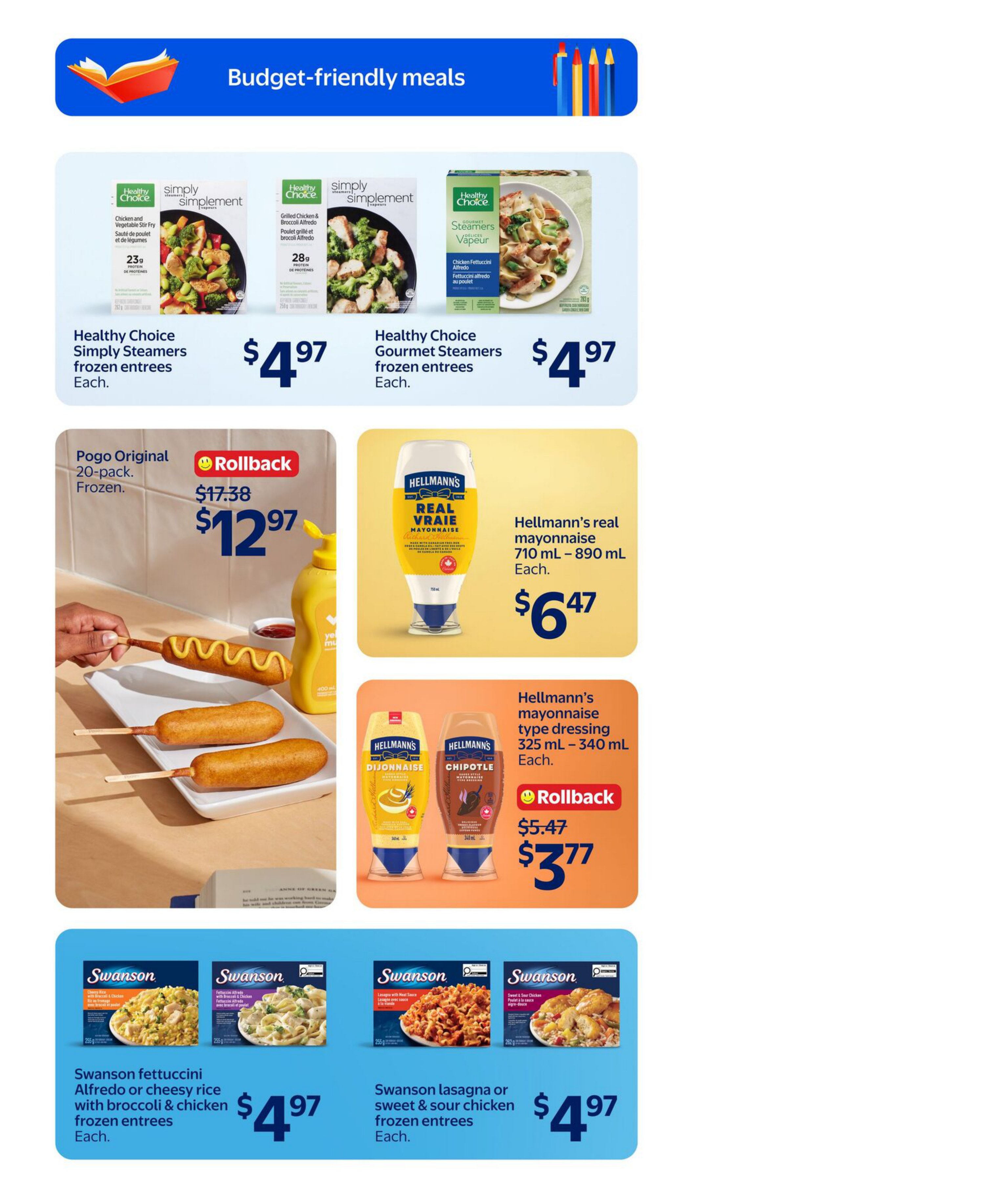 Swanson fettuccini Alfredo or cheesy rice with broccoli & chicken frozen entrees